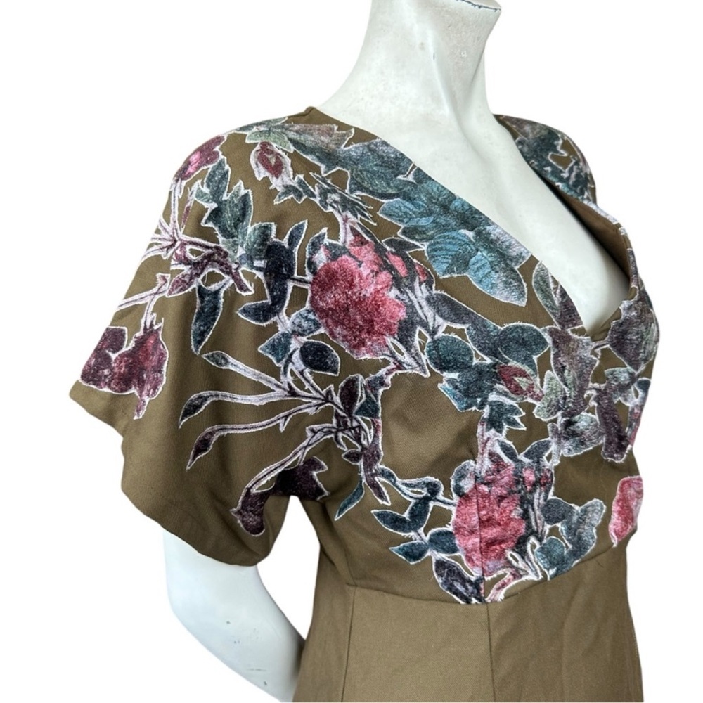 Anthropologie Hemant + Nandita Olive Green & Velvet Floral Short Sleeve Dress 6 - Picture 6 of 14